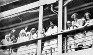 Bidding farewell to his countrymen from the promenade deck of S.S. Rajputana  to attend the Round Table Conference in London. August 29, 1931